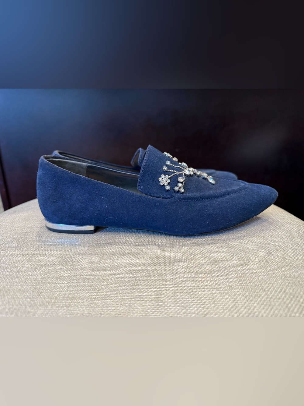Nanette Lepore Embellished Navy Suede Pointed Toe Loafers size 6M - Picture 4 of 13